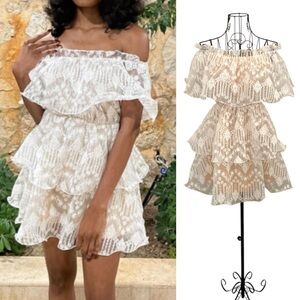 ⭐️HP⭐️PrettyLittleThing White Lace Bardot Ruffle Tiered Dress